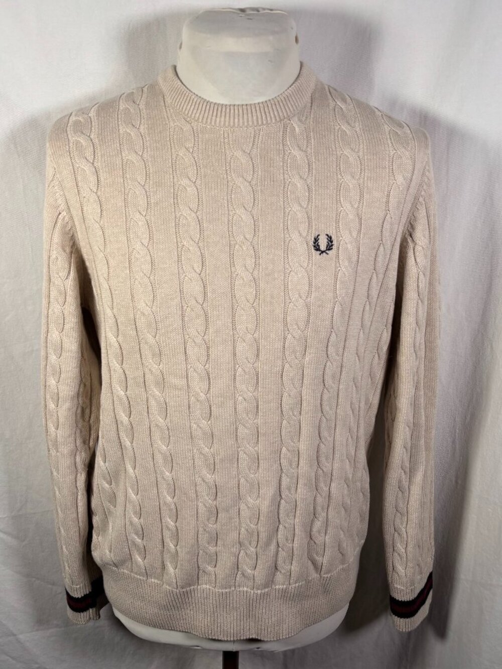 Fred Perry Cable Knit Cotton Wool Sweater Cream Large